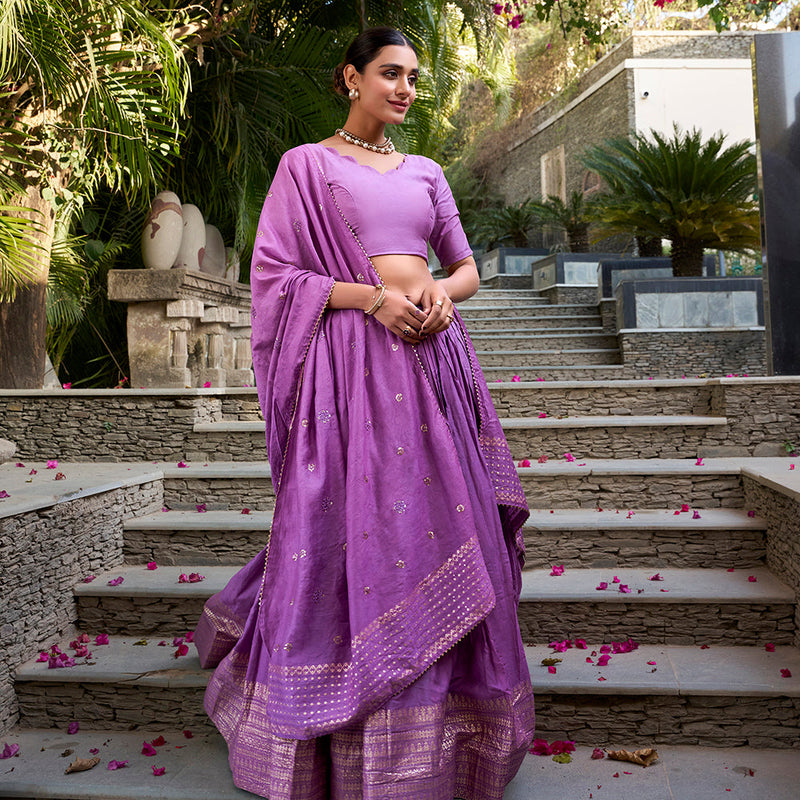 Purple Color Plain With Zari Weaving Work Border Chanderi Traditional Wear Lehenga Choli