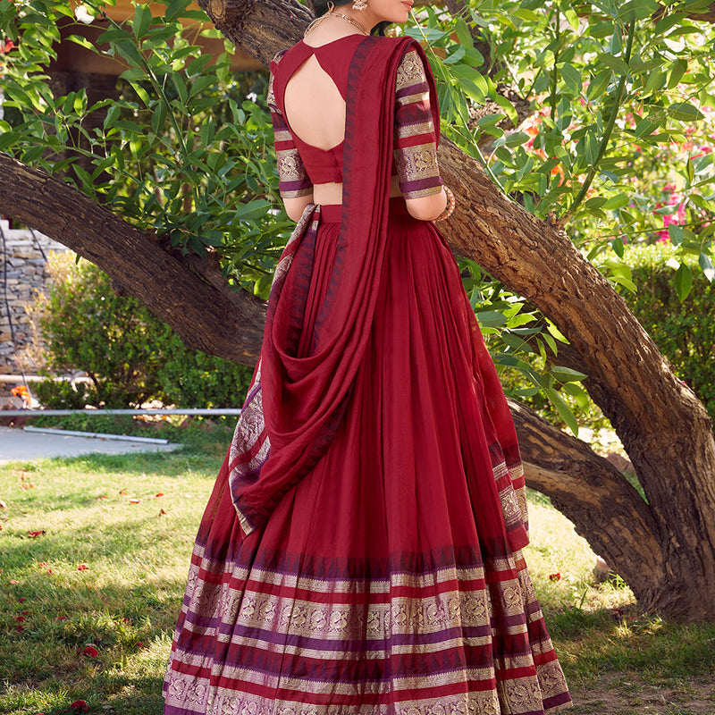 Red Color Plain With Zari Weaving Work Chanderi Silk Lehenga Choli