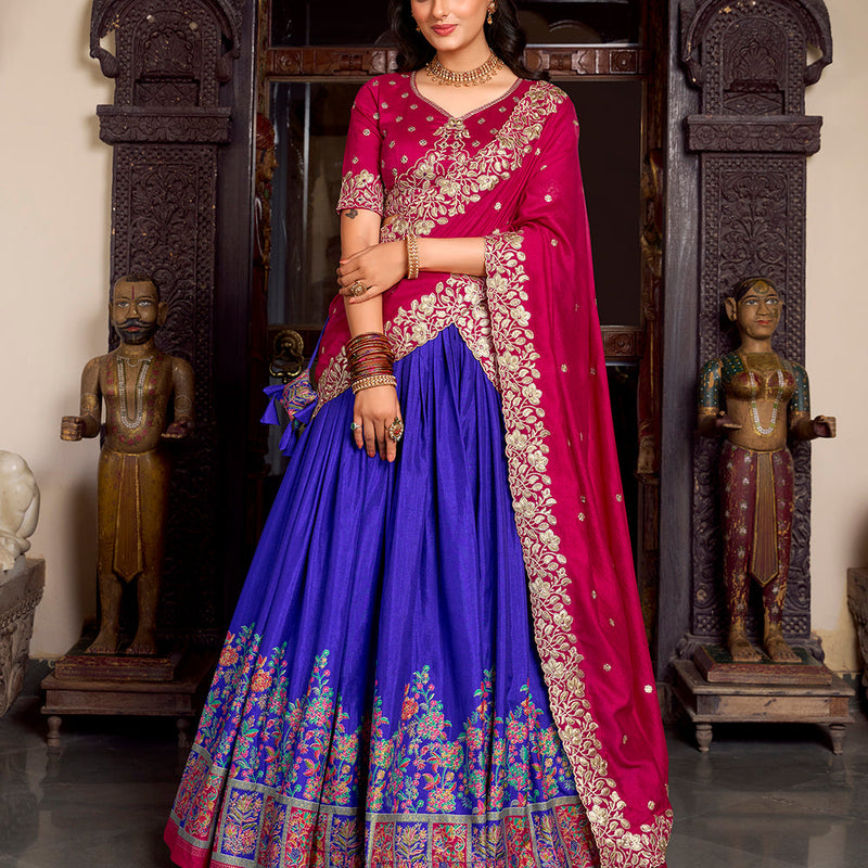 Royal Blue Color Printed With Foil Work Tasar Silk Lehenga Choli