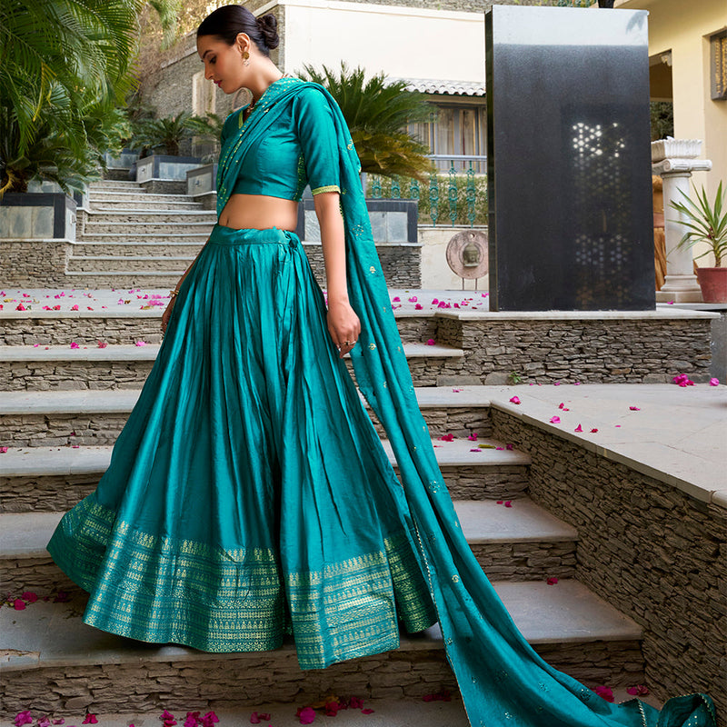 Sky Blue Color Zari Weaving Work Chanderi Lehenga