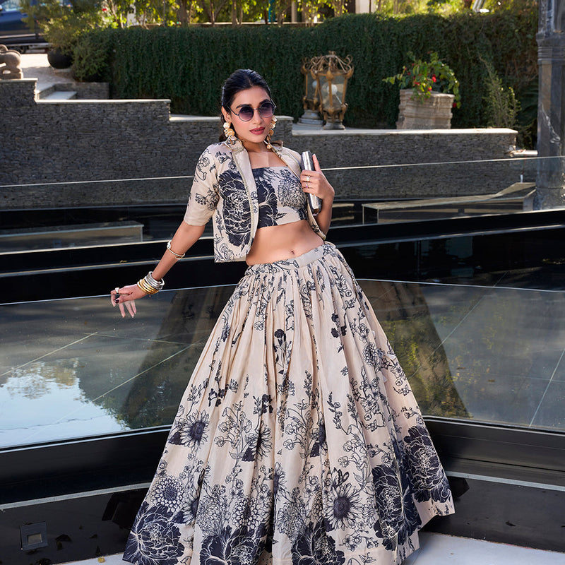 Cream Floral Print Tussar Silk Co-ord Set lehenga Choli