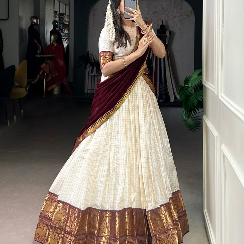 White Color Chex With Zari Weaving Work Poly Cotton Wedding Lehenga Choli