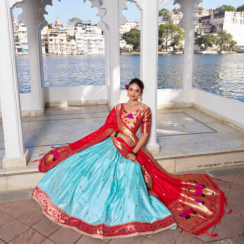 Sky Blue Weaving Zari Work With Jacquard Silk (Paithani) South Lehenga Choli