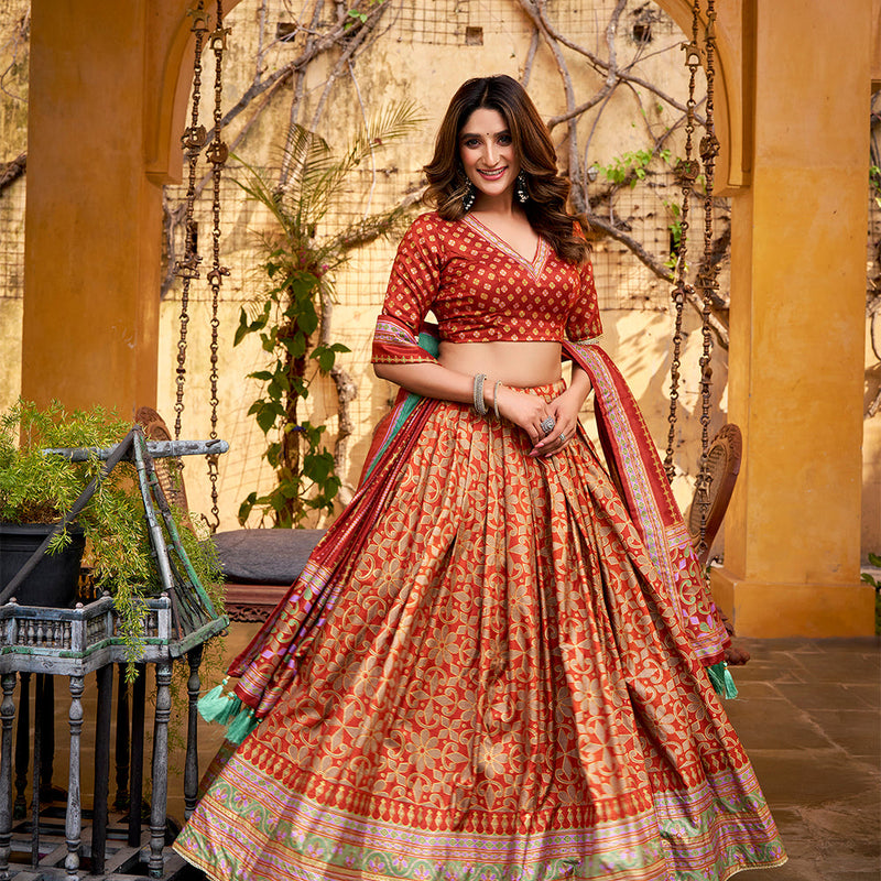 Rust Orange Color Tasar Silk Lehenga