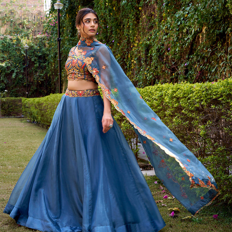 Teal Color Embroidery Work Chaniya Choli