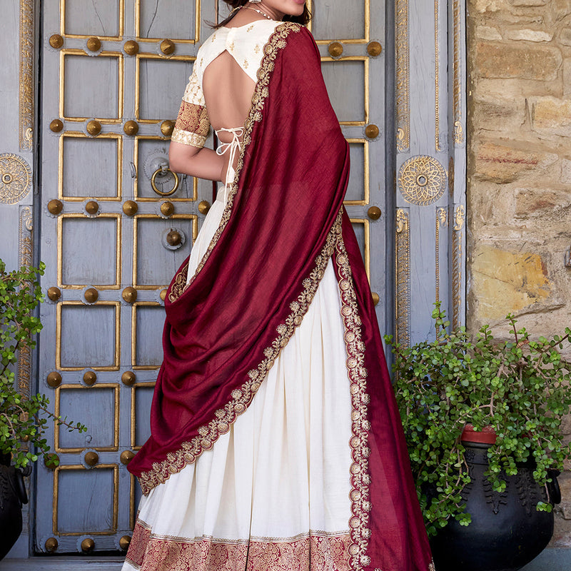 Off White Color Zari Weaving Work Lace Border Vichitra Silk Lehenga Choli