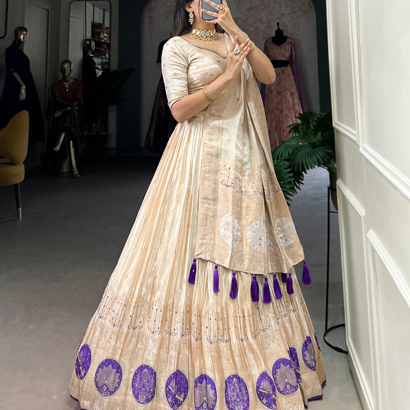 Purple Color Mirror And Bids (Moti) Handwork Shimmer With Weaving Work Lehenga Choli