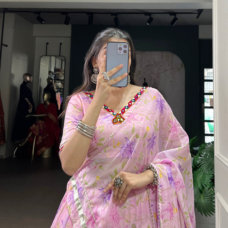 Baby Pink Color Floral Print With Embossed Design Tabby Silk Chaniya Choli