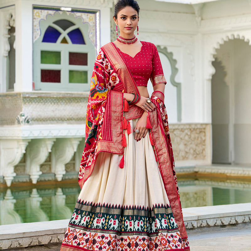 Off White Color Haydrabad Patola Print With Foil Work Tasar Silk Lehenga Choli