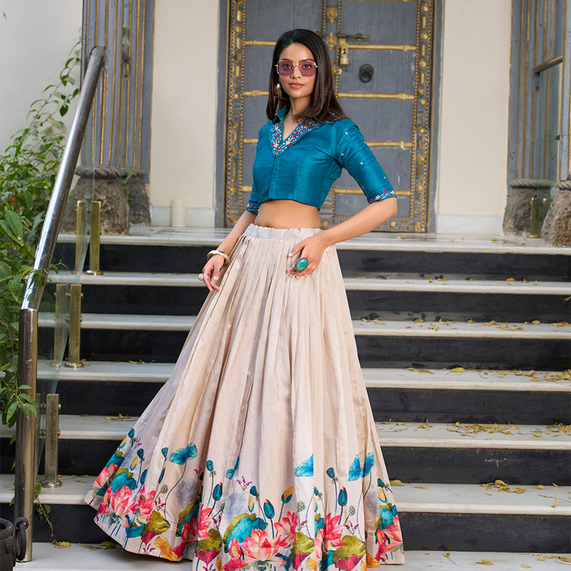 Off White Color Floral Printed Tasar Silk Co-ord Set Lehenga Choli
