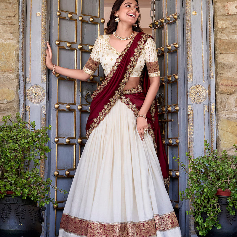 Off White Color Zari Weaving Work Lace Border Vichitra Silk Lehenga Choli