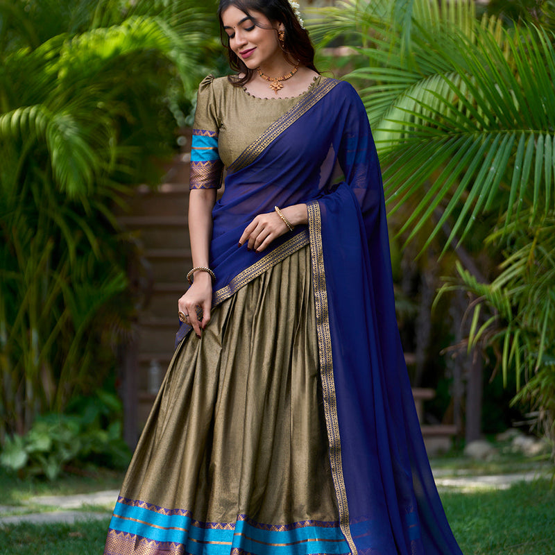 Chiku Color Zari Weaving Work Cotton South Indian Lehenga Choli