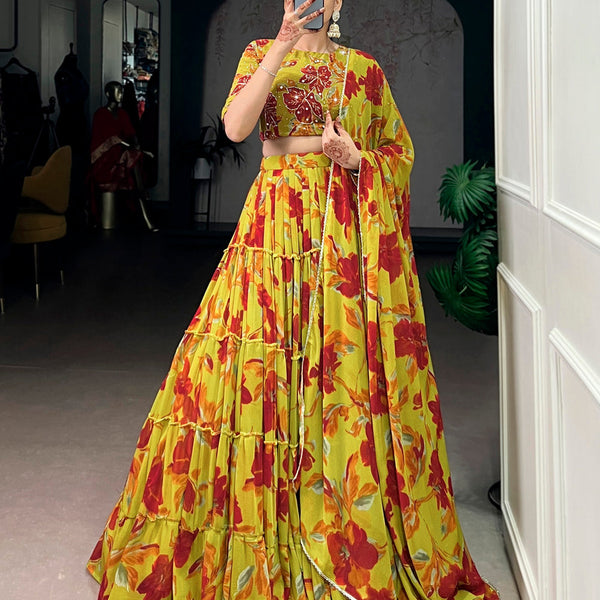 Olive Yellow Color Floral Printed Marbel Chaniya Choli