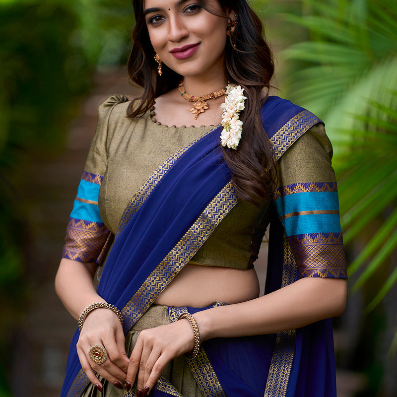 Chiku Color Zari Weaving Work Cotton South Indian Lehenga Choli