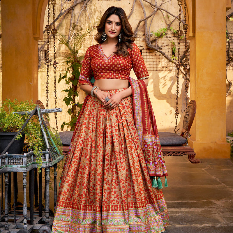 Rust Orange Color Tasar Silk Lehenga
