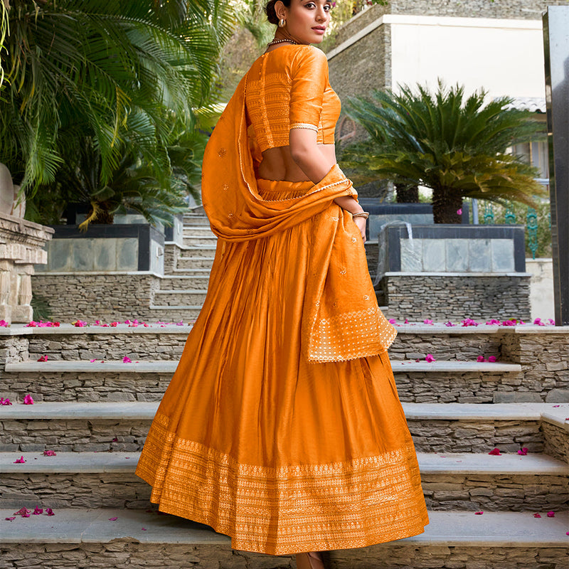 Orange Color Plain  With  Zari Weaving Work Chanderi Lehenga Choli
