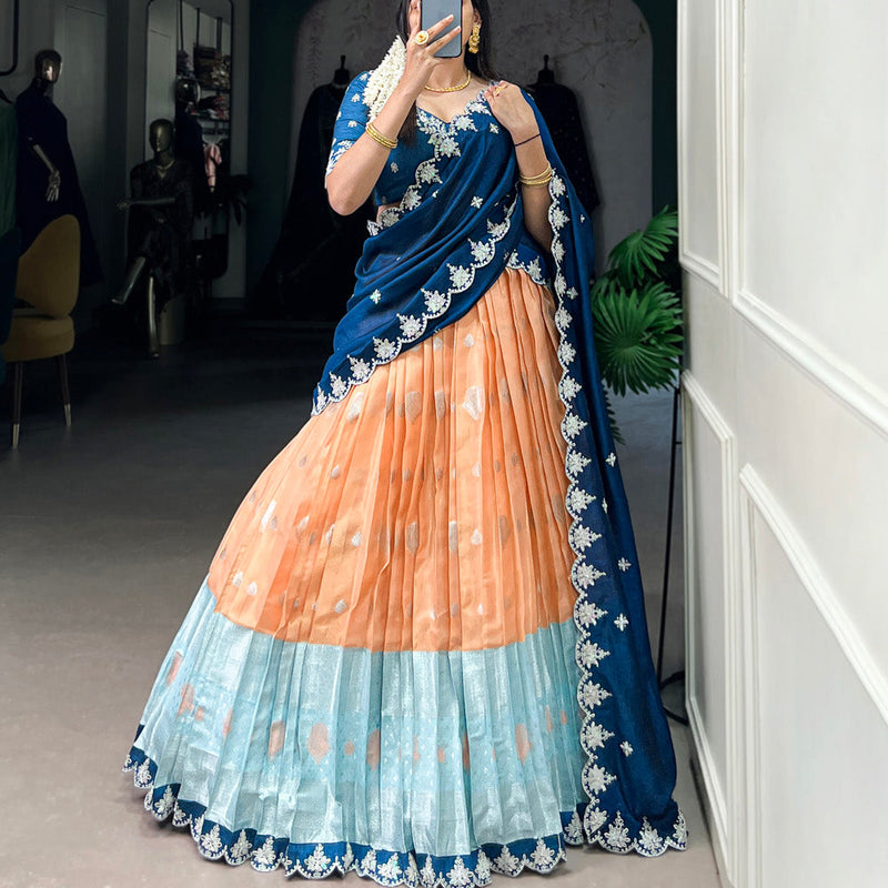 Orange Color Zari Weaving Work Sequins And Embroidery Border With Zari Kota Wedding Wear