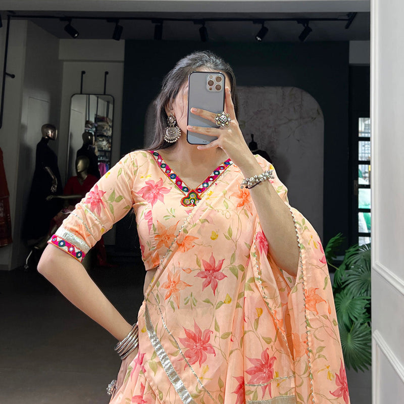 Peach Color Floral Print With Embossed Design Tabby Silk Chaniya Choli
