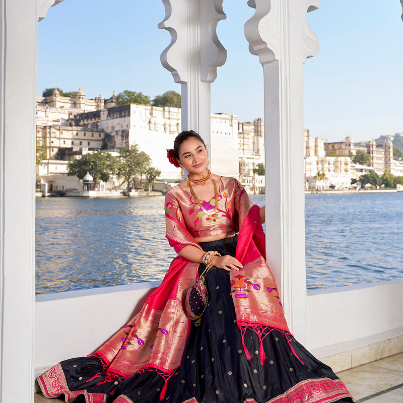 Black Color Weaving Zari Work With Jacquard Silk (Paithani) Maharashtrian Lehenga Choli
