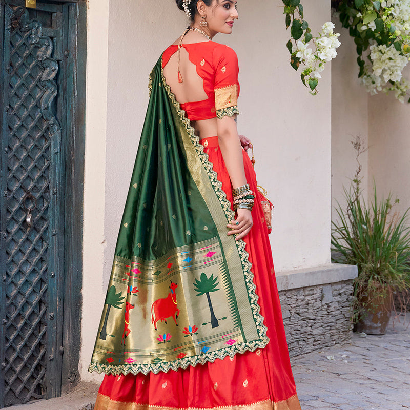 Red Color Zari Weaving Work Jacquard Silk (Paithani) Lehenga Choli