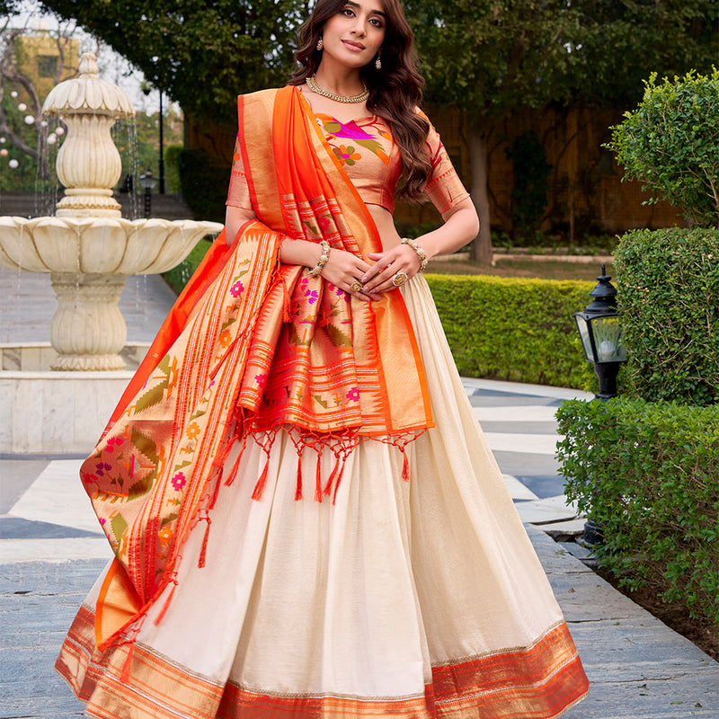 White Color Zari Weaving With Lace Border Vichitra Silk Lehenga Choli