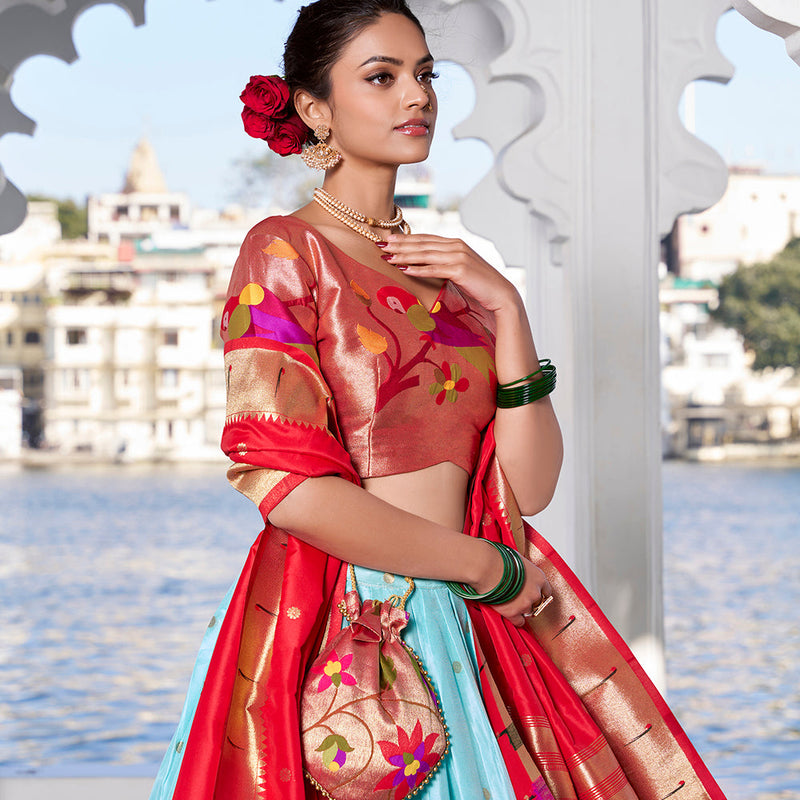 Sky Blue Weaving Zari Work With Jacquard Silk (Paithani) South Lehenga Choli