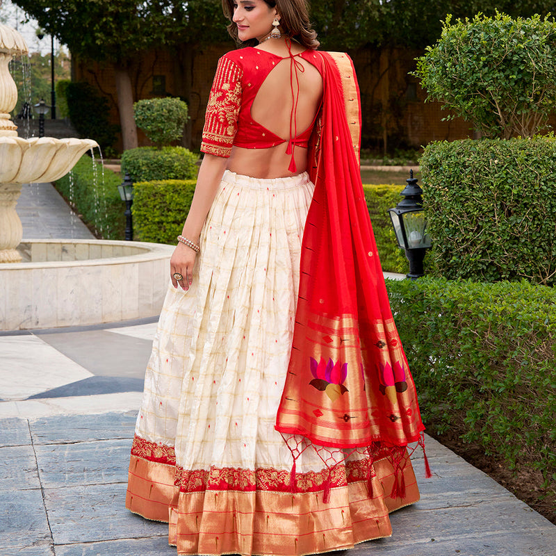 White Color Zari Weaving Paithani Lehenga