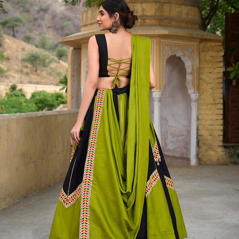 Parrot Color Plain With Gamthi Work Cotton Traditional Chaniya Choli