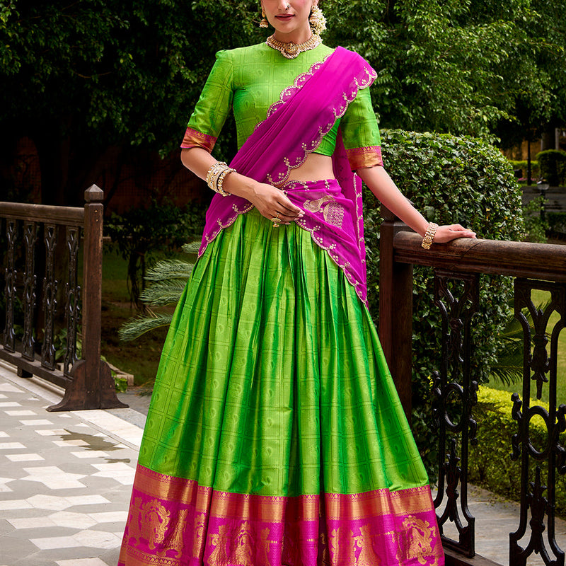 Parrot Color Zari Weaving Work Poly Cotton Lehenga Choli