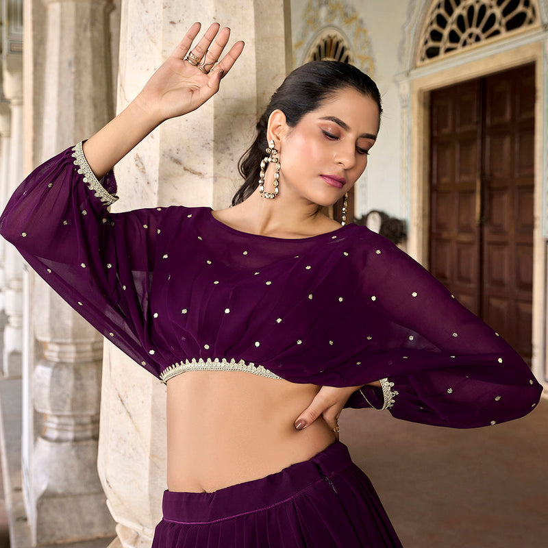 Wine Color Sequins And Thread Embroidery Work Georgette Co-ord Set Lehenga Choli