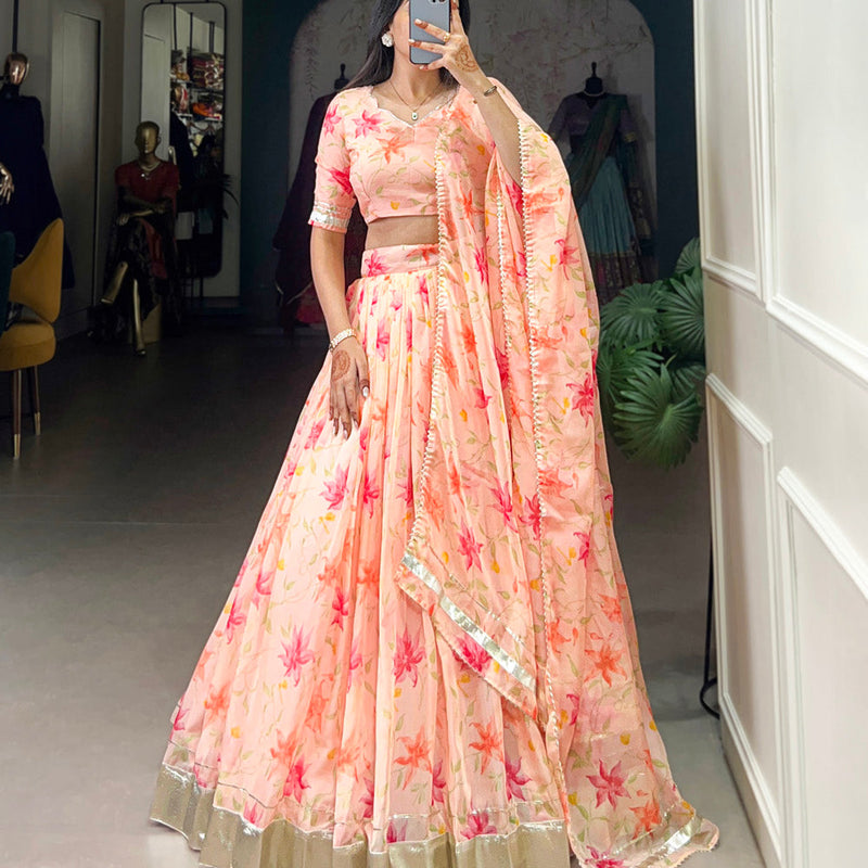 Peach Color Floral Print With Lace Border Tabby Silk Lehenga Choli