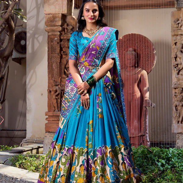 Firozi Color Kalamkari Print With Foil Work Tussar Silk Lehenga Choli