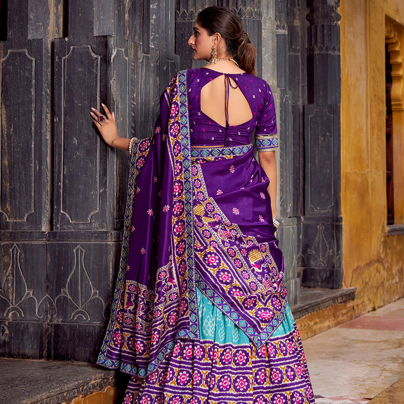 Sky Blue Color Ikkat Patola Printed Tasar Silk Lehenga Choli
