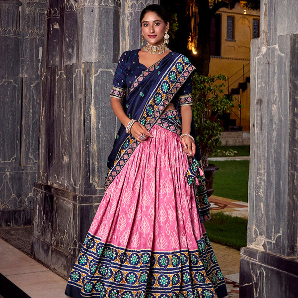 Light Pink Color Ikkat Patola Printed Tasar Silk Lehenga Choli