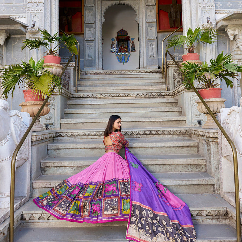 Peach Color Kalamkari With Foil Work Tasar Silk Lehenga Choli
