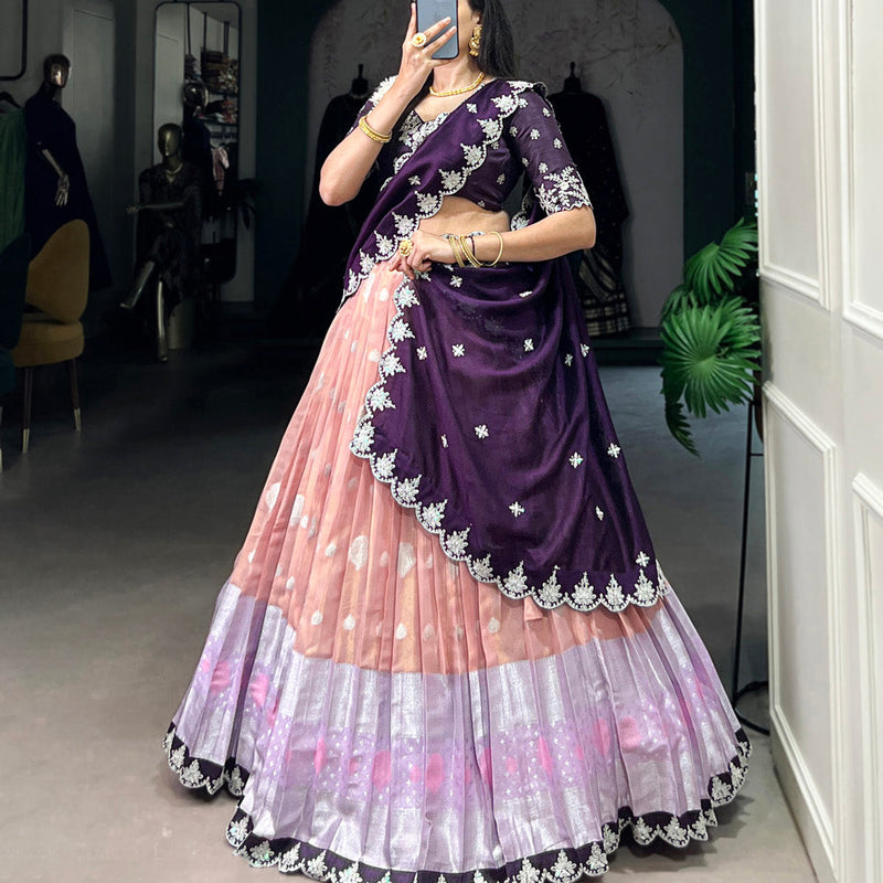 Peach Color Zari Weaving Work Sequins And Embroidery Border With Zari Kota Women Wear