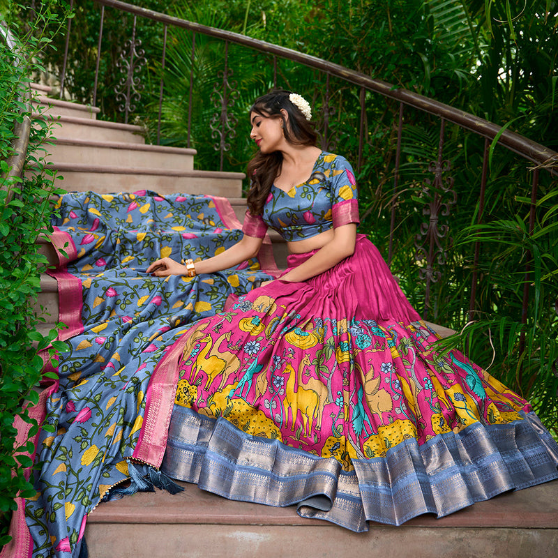 Pink Color Kalamkari Print With Zari Weaving Dola Silk South Indian Lehenga Choli