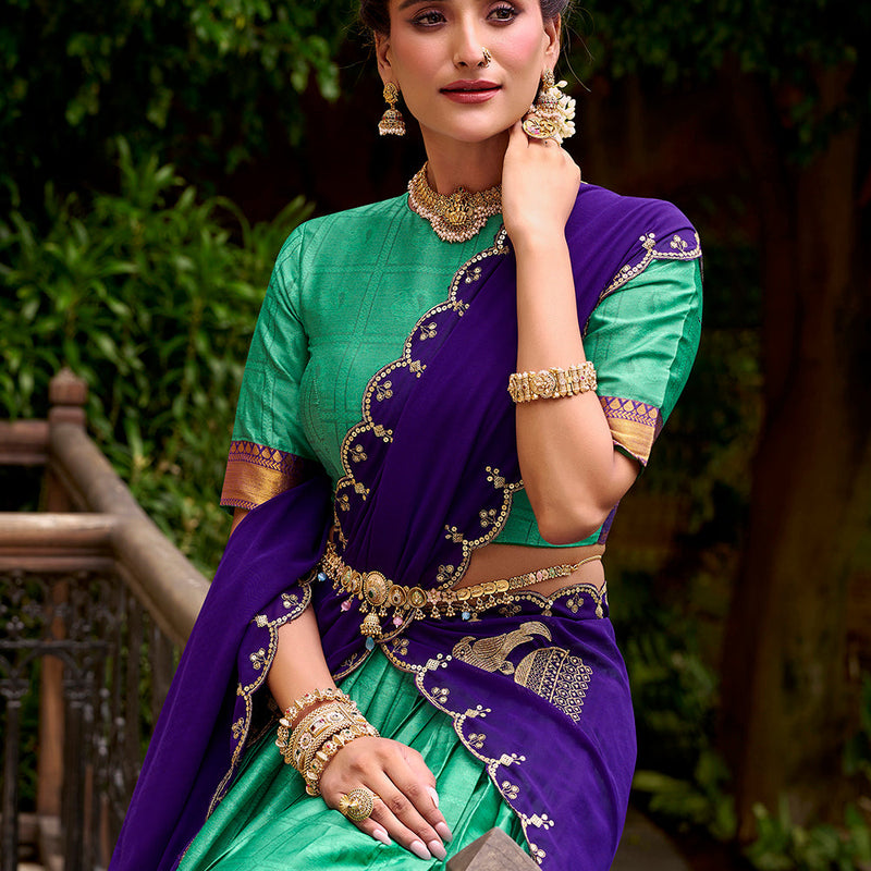 Bottle Green Color Zari Weaving Work Poly Cotton Lehenga Choli