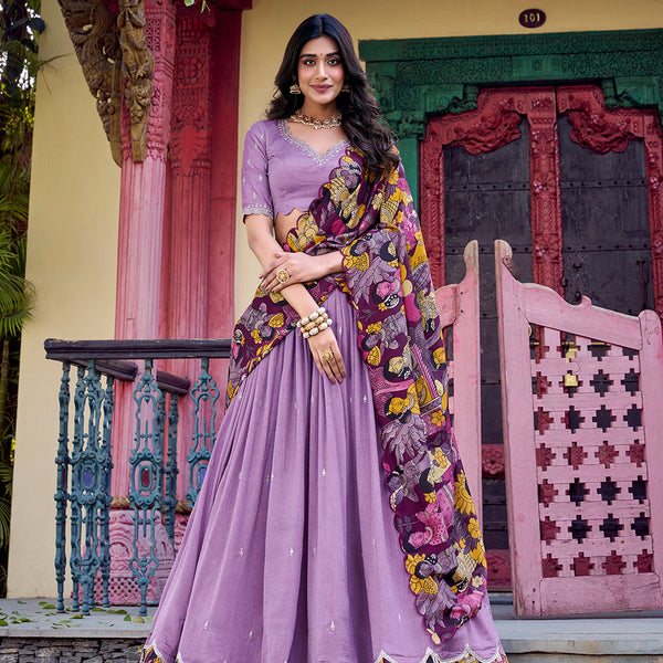 Lavender Color Sequins And Thread Embroidery Work Vichitra Silk Lehenga