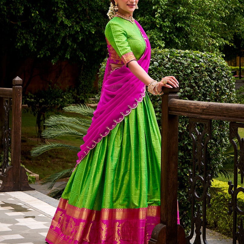 Parrot Color Zari Weaving Work Poly Cotton Lehenga Choli