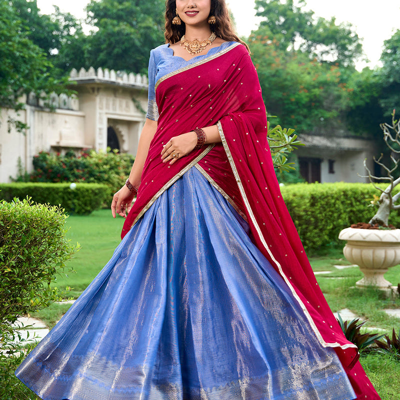 Royal Blue Color Zari Weaving Work Kanchipuram South Indian Lehenga Choli