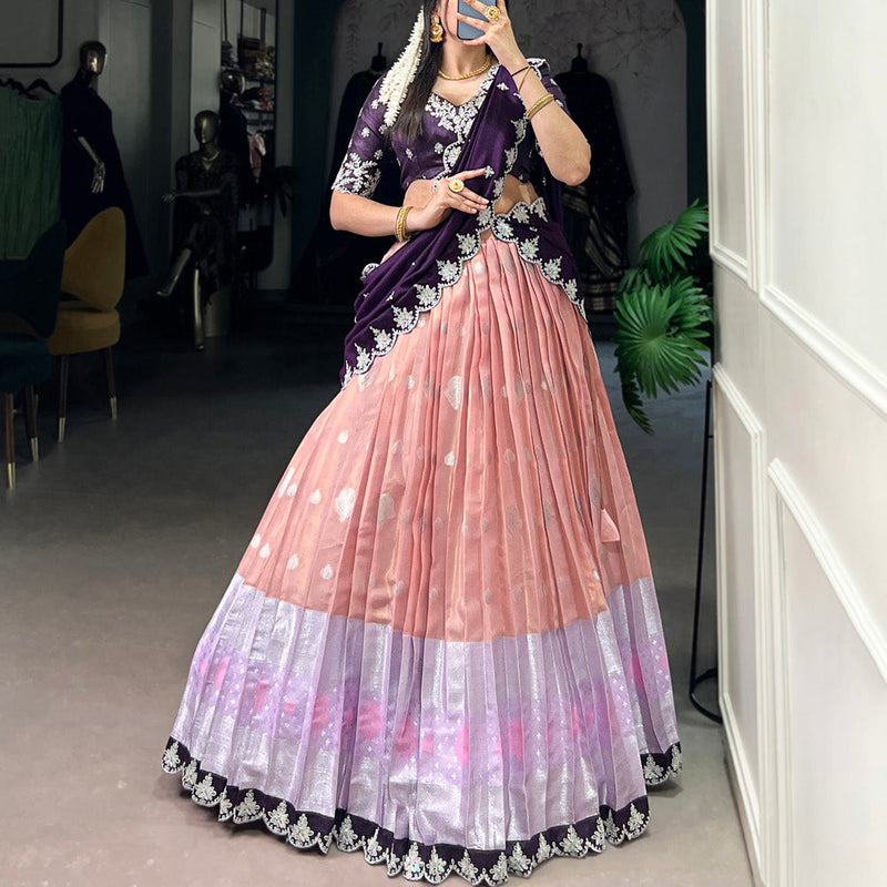 Peach Color Zari Weaving Work Sequins And Embroidery Border With Zari Kota Women Wear