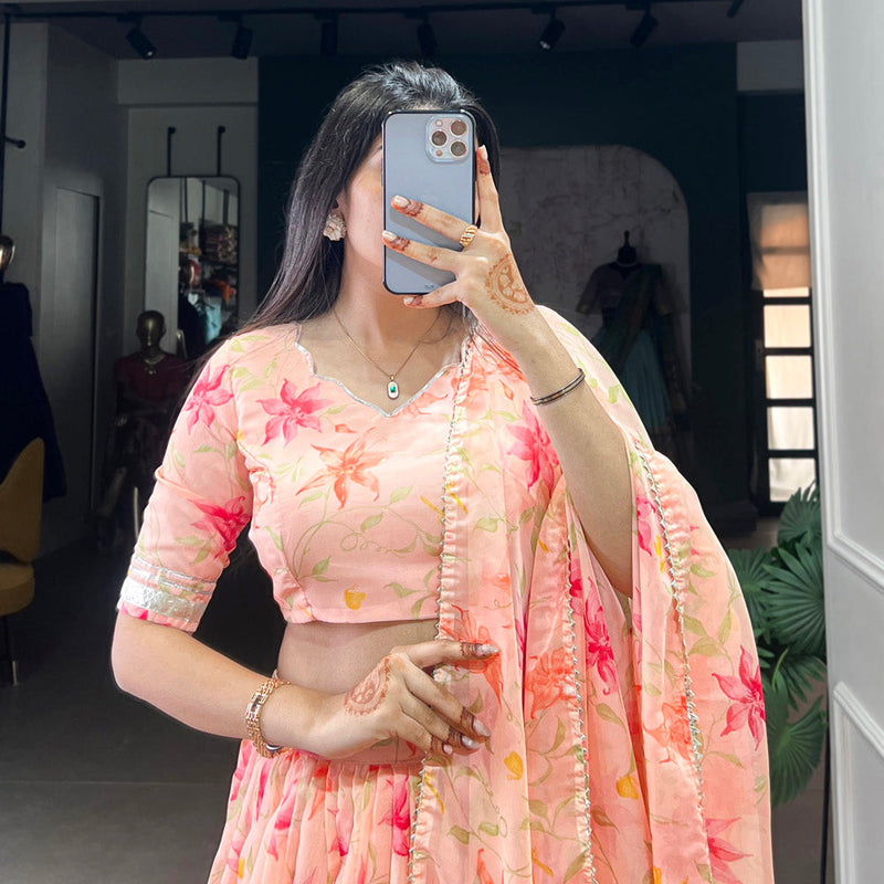 Peach Color Floral Print With Lace Border Tabby Silk Lehenga Choli