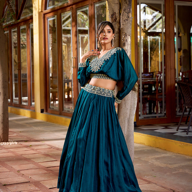 Peacock Blue Color Thread Embroidery Vichitra Silk Co-ord Set