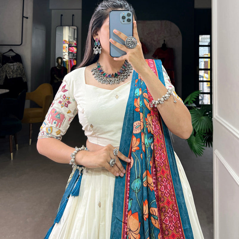 Peacock Design Sequins And Thread Embroidery Work Khadi Cotton Chaniya Choli