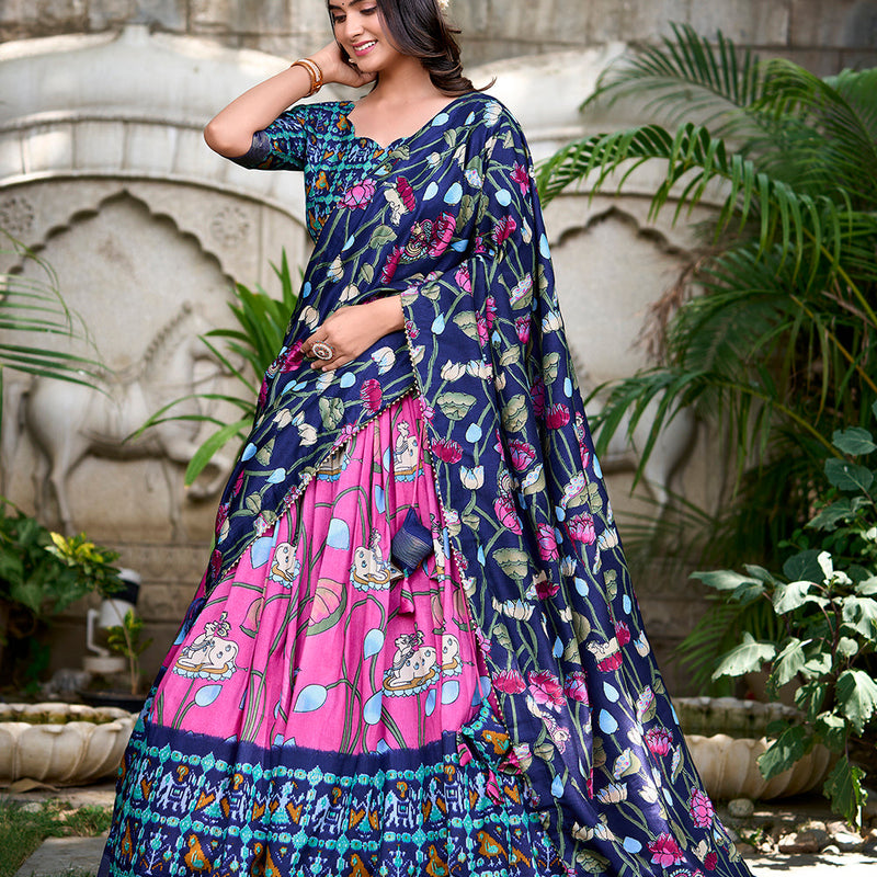 Pink Color Pichwai With Patola Print And Zari Weaving Border Tasar Silk South Lehenga Choli