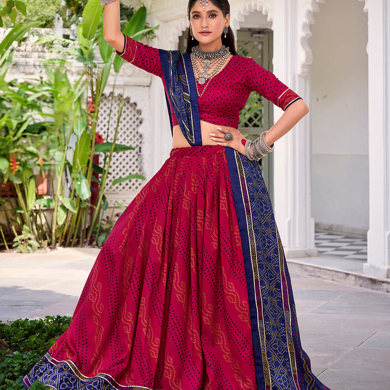 Pink Color Bandhej Print With Gotta Patti Lace Tasar Silk Lehenga Choli
