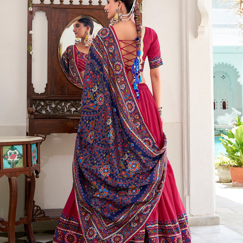Pink Color Gamthi Print And Embossed Design Tasar Silk Lehenga Choli