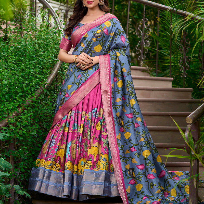 Pink Color Kalamkari Print With Zari Weaving Dola Silk South Indian Lehenga Choli