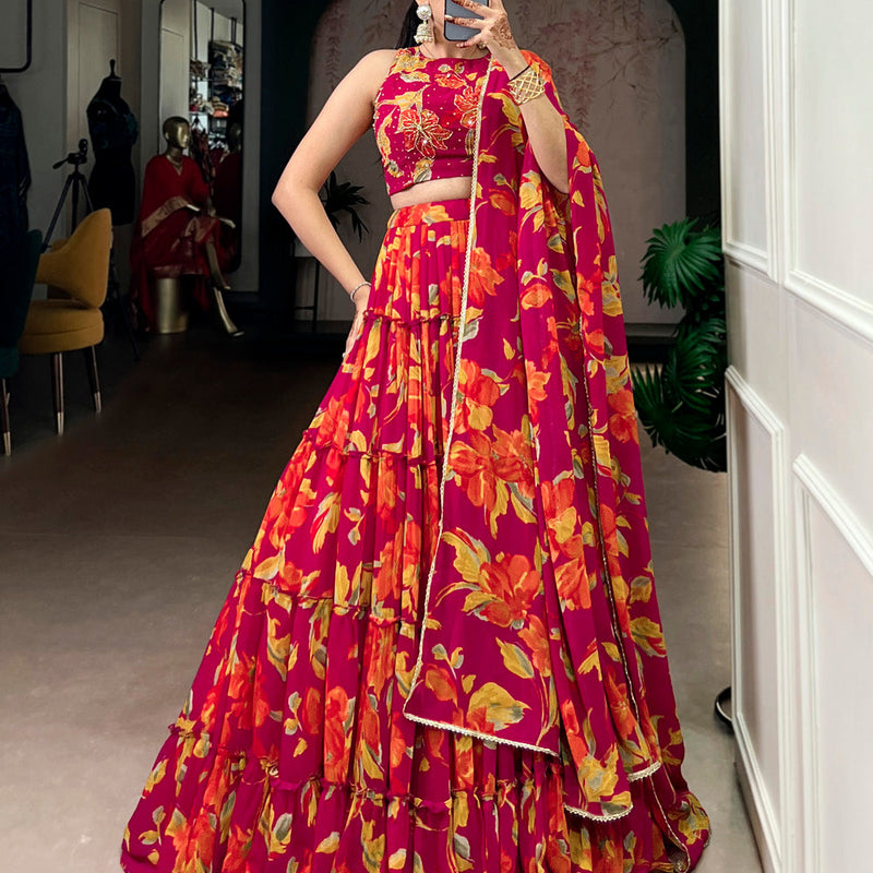 Pink Color Floral Printed Marbel Chaniya Choli